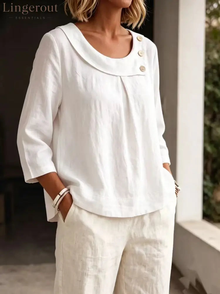 Asymmetrical Button Collar Linen Top - White / S