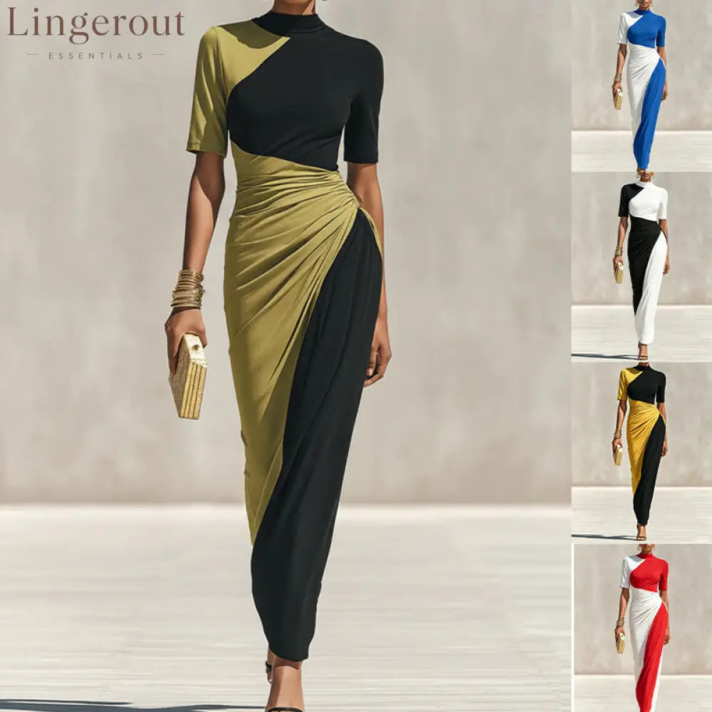 Asymmetrical Color Block Ruched High Neck Midi Bodycon Dress