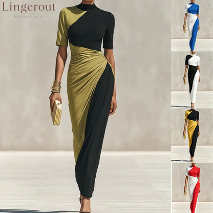 Asymmetrical Color Block Ruched High Neck Midi Bodycon Dress