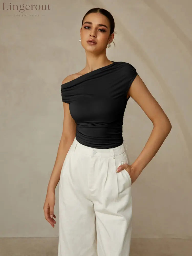 Asymmetrical Neck Sleeveless T-Shirt - Black / XS