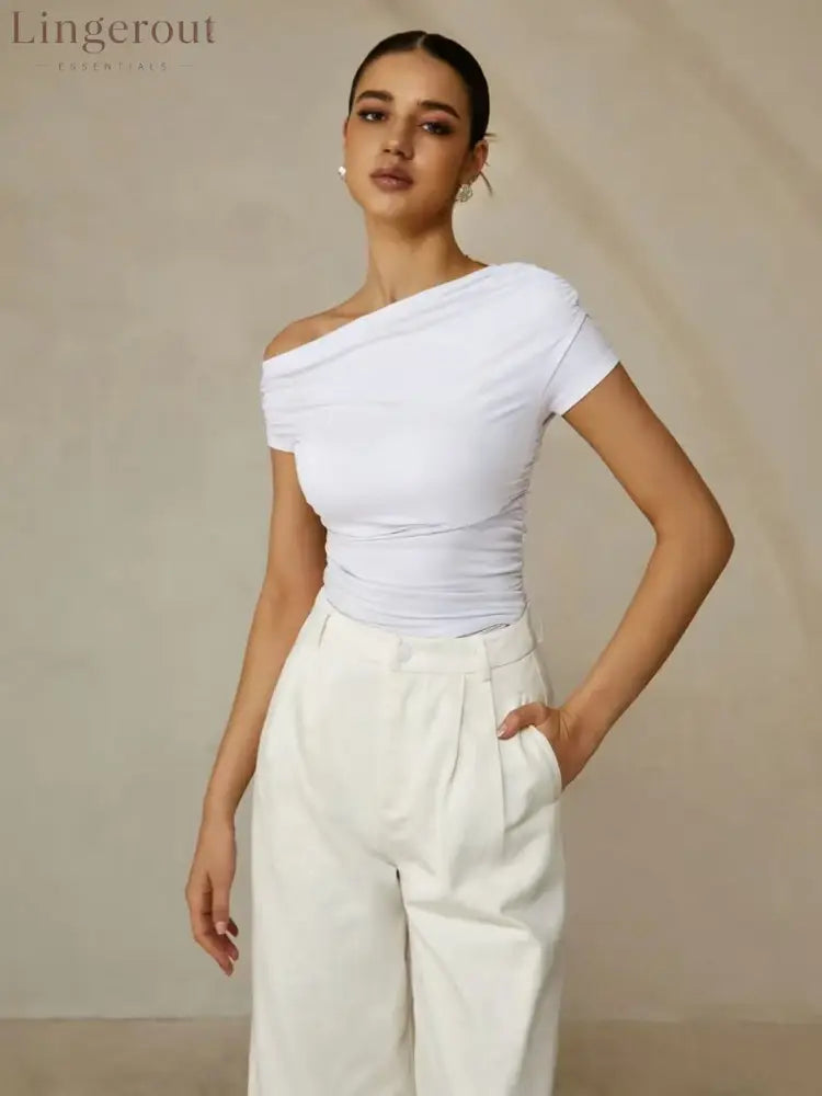 Asymmetrical Neck Sleeveless T-Shirt - White / XS