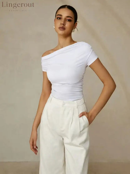 Asymmetrical Neck Sleeveless T-Shirt - White / XS