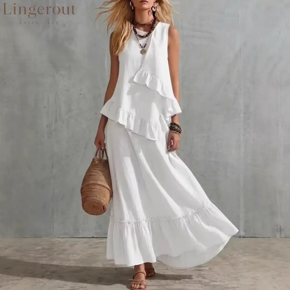 Asymmetrical Ruffle Sleeveless Textured Maxi Dress Flowy Loose Summer Resort Long Dress