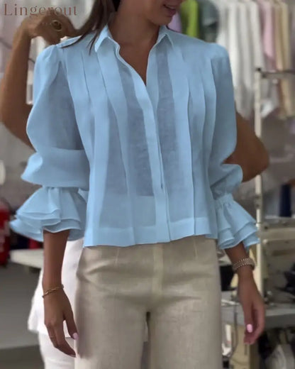 Aumora Puff Sleeve Ruffle Shirt - Blue / S