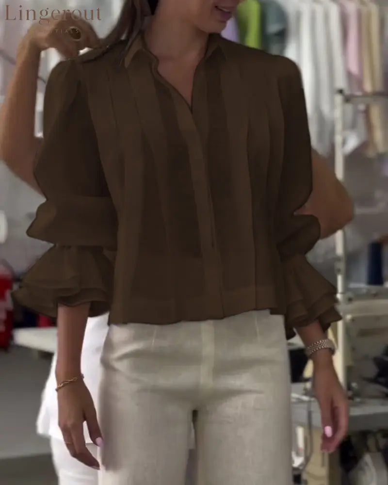 Aumora Puff Sleeve Ruffle Shirt - Coffee / S