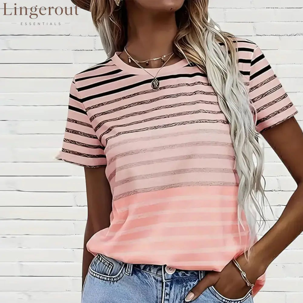 Aumora Round Neck Short Sleeve Striped T-Shirt
