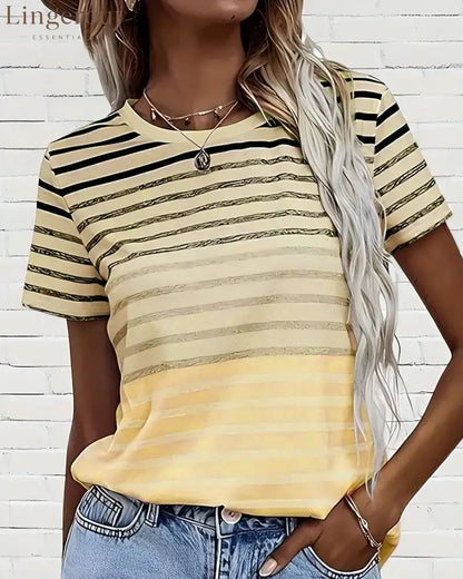 Aumora Round Neck Short Sleeve Striped T-Shirt - Yellow / S