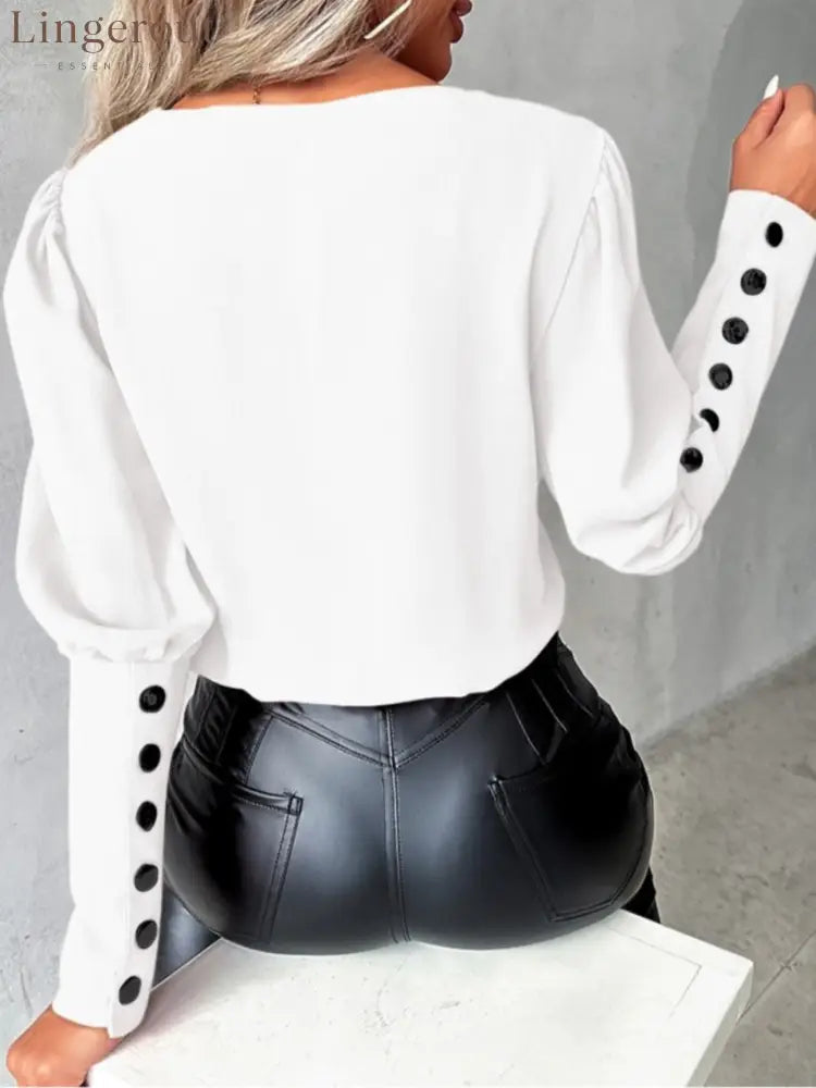 Autumn Fashion V-neck Solid Color Long Sleeve Button-up Shirt