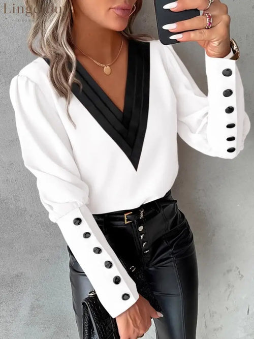 Autumn Fashion V-neck Solid Color Long Sleeve Button-up Shirt - White / S
