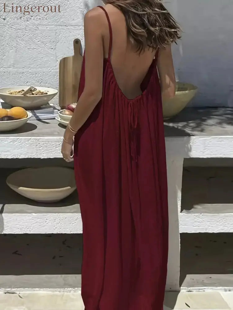 Backless Spaghetti Strap Maxi Dress - Burgundy / S