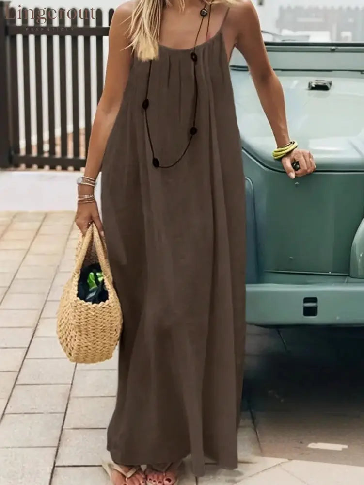 Backless Spaghetti Strap Maxi Dress - Chocolate / S
