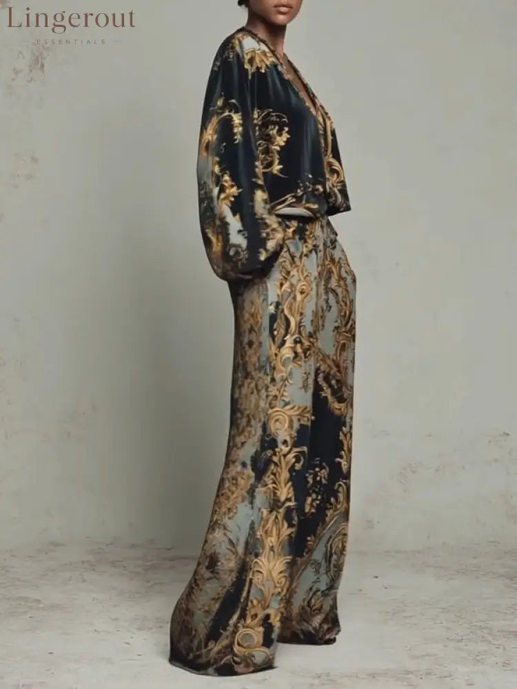 Baroque Ornate Floral Print Top And Wide-leg Trousers Casual Suit