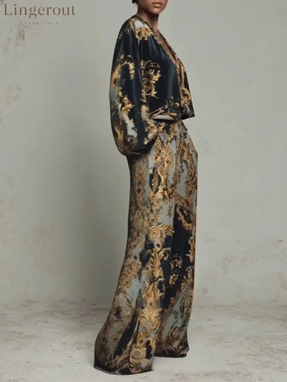 Baroque Ornate Floral Print Top And Wide-leg Trousers Casual Suit