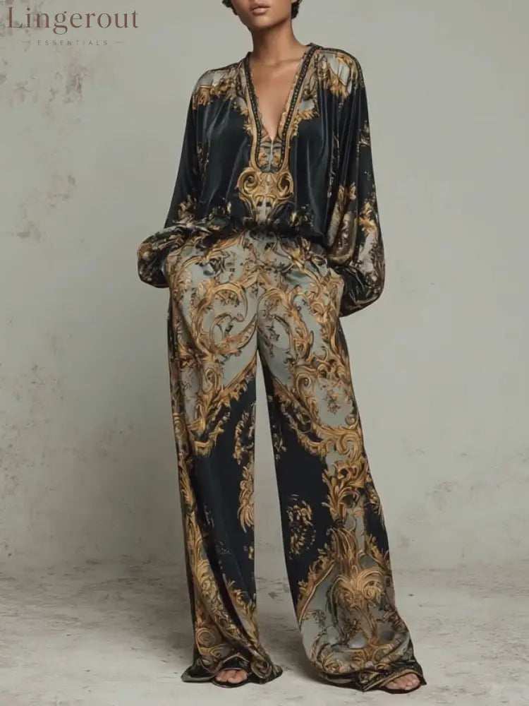 Baroque Ornate Floral Print Top And Wide-leg Trousers Casual Suit - Black / XS