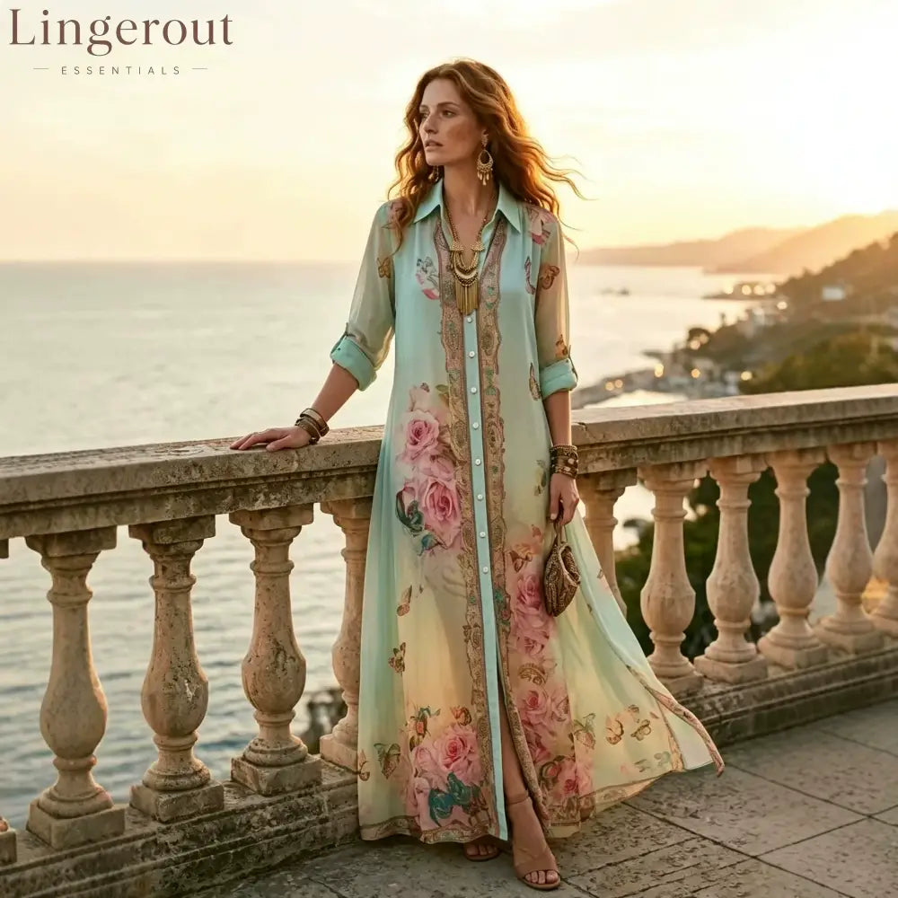 Baroque Style Floral Blue Chiffon Maxi Dress - Short Sleeve Maxi Dress