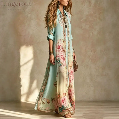 Baroque Style Floral Blue Chiffon Maxi Dress - Short Sleeve Maxi Dress
