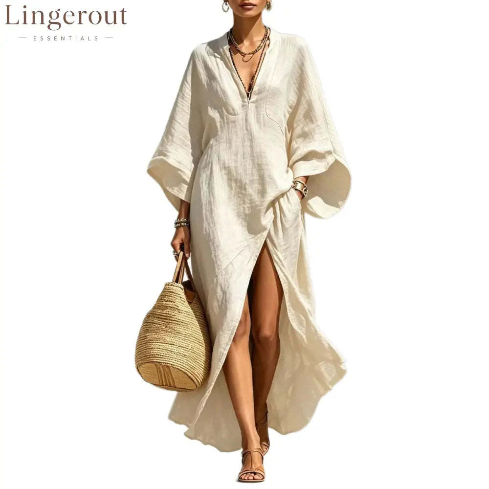 Batwing Sleeve Slit Linen Vacation Maxi Dress