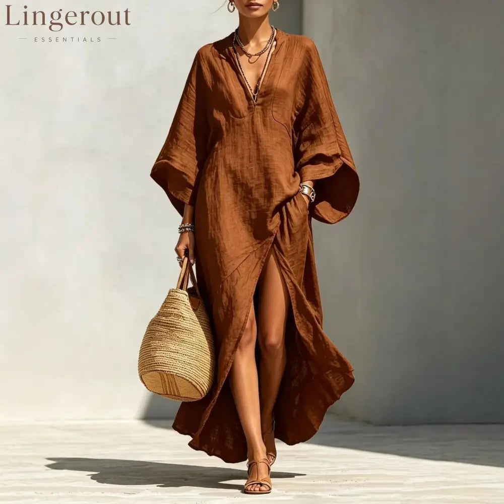 Batwing Sleeve Slit Linen Vacation Maxi Dress