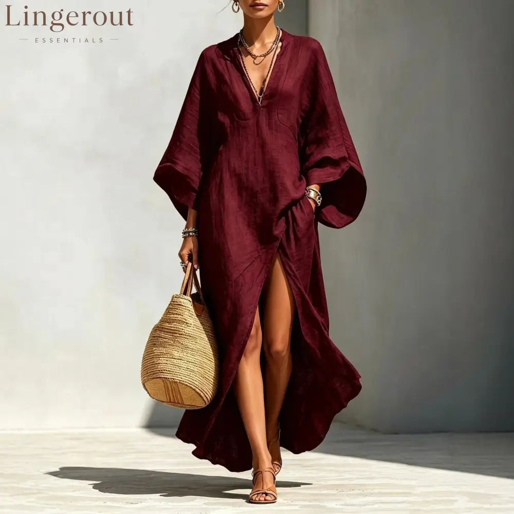 Batwing Sleeve Slit Linen Vacation Maxi Dress