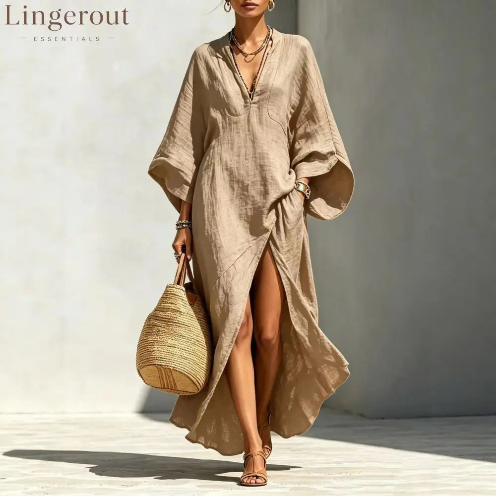 Batwing Sleeve Slit Linen Vacation Maxi Dress