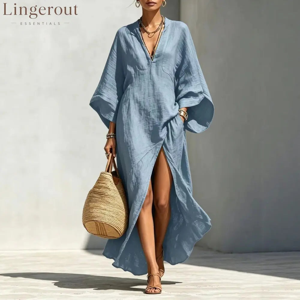 Batwing Sleeve Slit Linen Vacation Maxi Dress