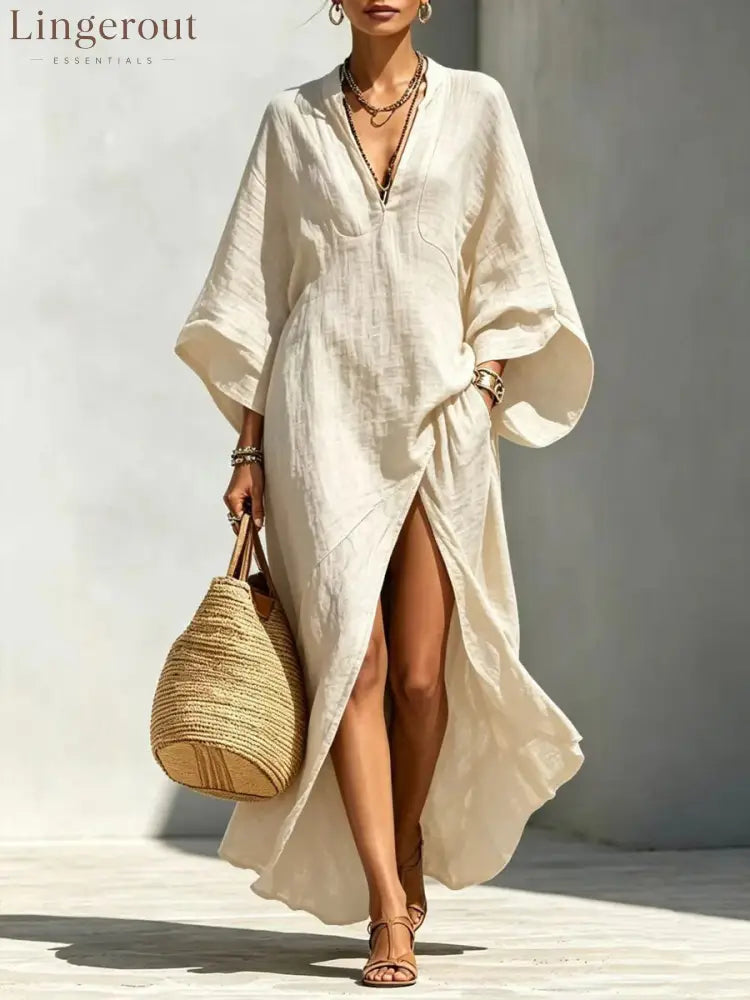 Batwing Sleeve Slit Linen Vacation Maxi Dress - Milky / S
