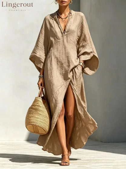 Batwing Sleeve Slit Linen Vacation Maxi Dress - Off white / S