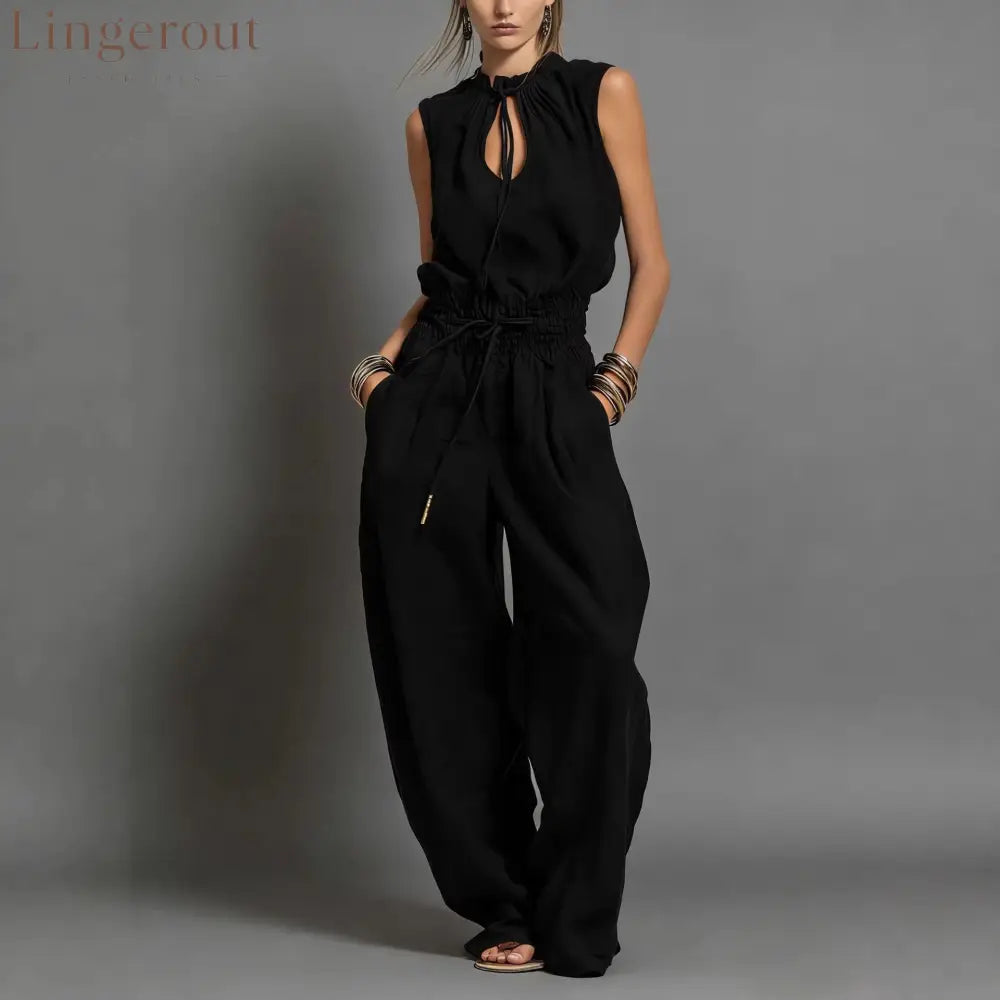 Beige Linen-Blend Smocked-Waist Jumpsuit