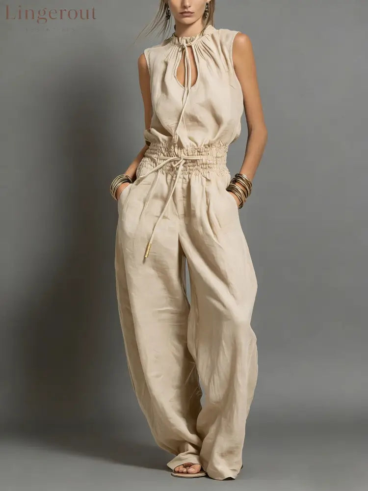 Beige Linen-Blend Smocked-Waist Jumpsuit - Apricot / S