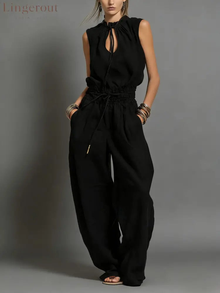 Beige Linen-Blend Smocked-Waist Jumpsuit - Black / S