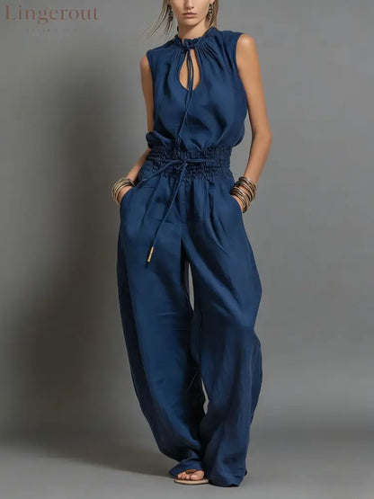 Beige Linen-Blend Smocked-Waist Jumpsuit - Blue / S
