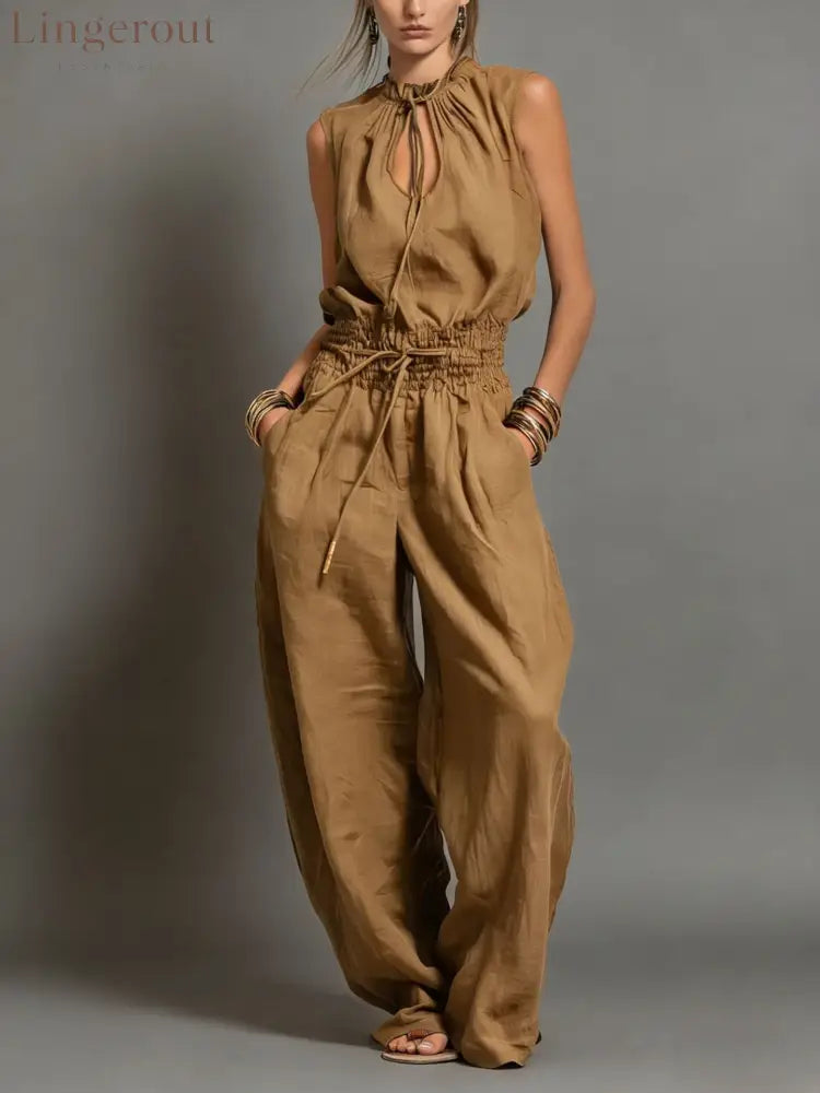 Beige Linen-Blend Smocked-Waist Jumpsuit - Khaki / S