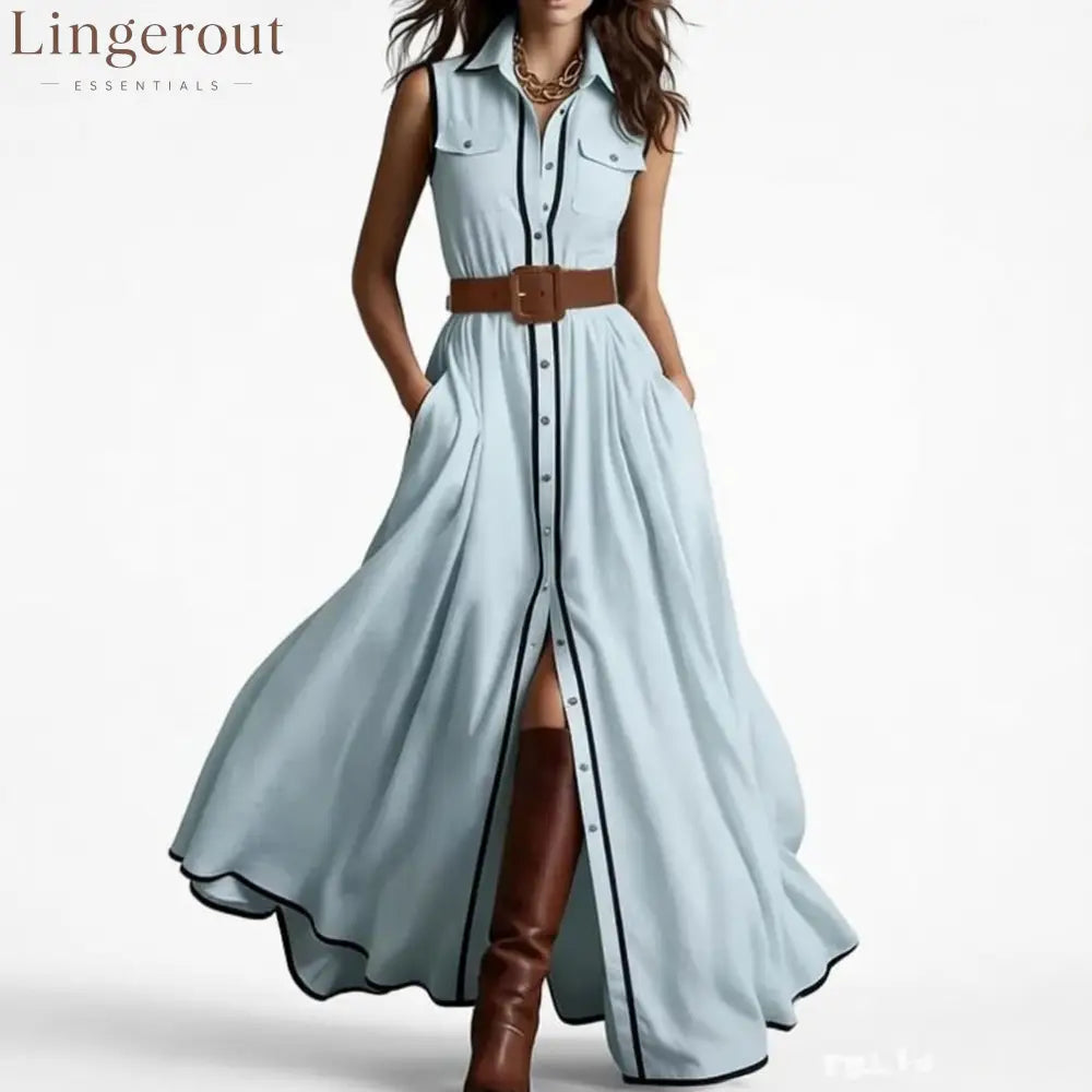 Belted Contrast Piping Maxi Shirt Dress - Blue / S