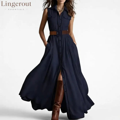 Belted Contrast Piping Maxi Shirt Dress - Navy / S