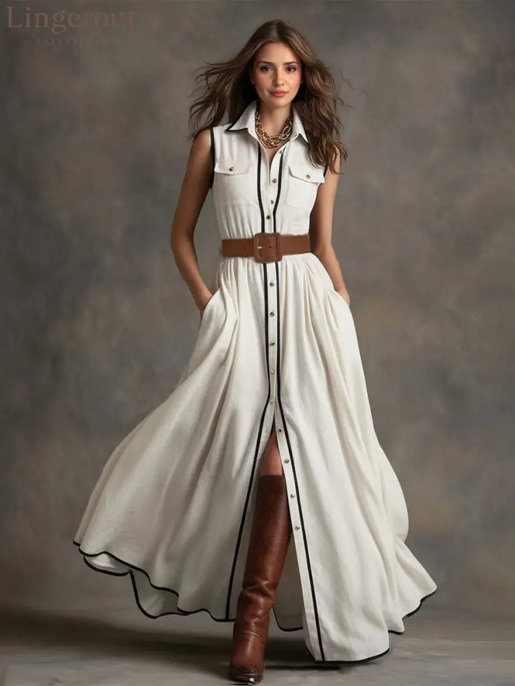 Belted Contrast Piping Maxi Shirt Dress - White / S