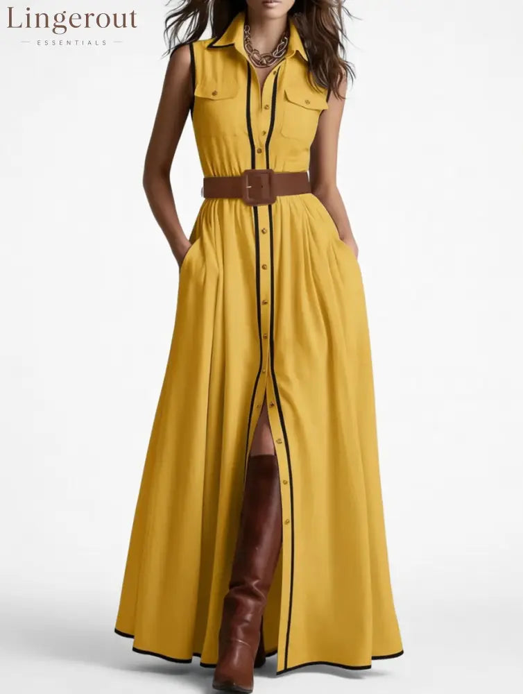 Belted Contrast Piping Maxi Shirt Dress - Yellow / S