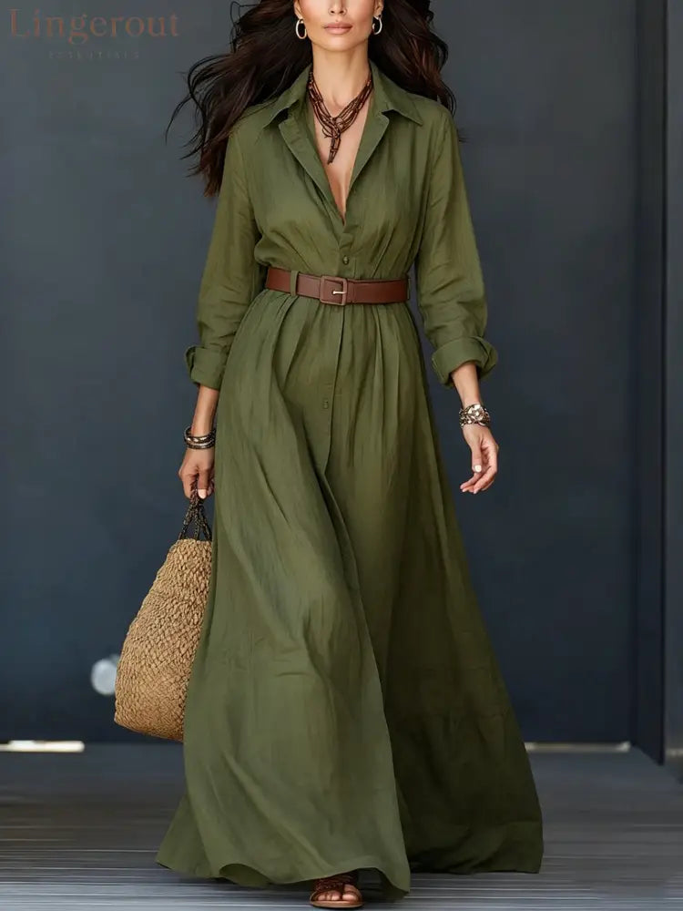 Belted Linen‑Blend Shirt Maxi Dress - Army green / S