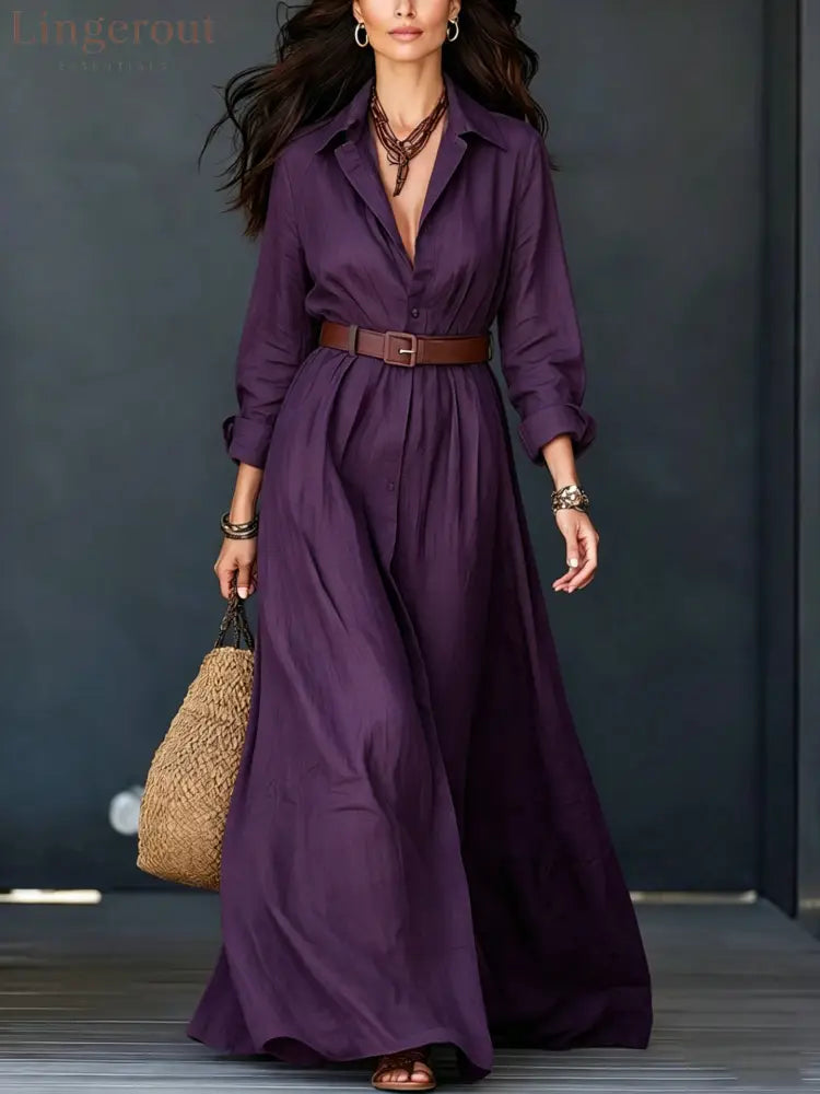 Belted Linen‑Blend Shirt Maxi Dress - Purple / S