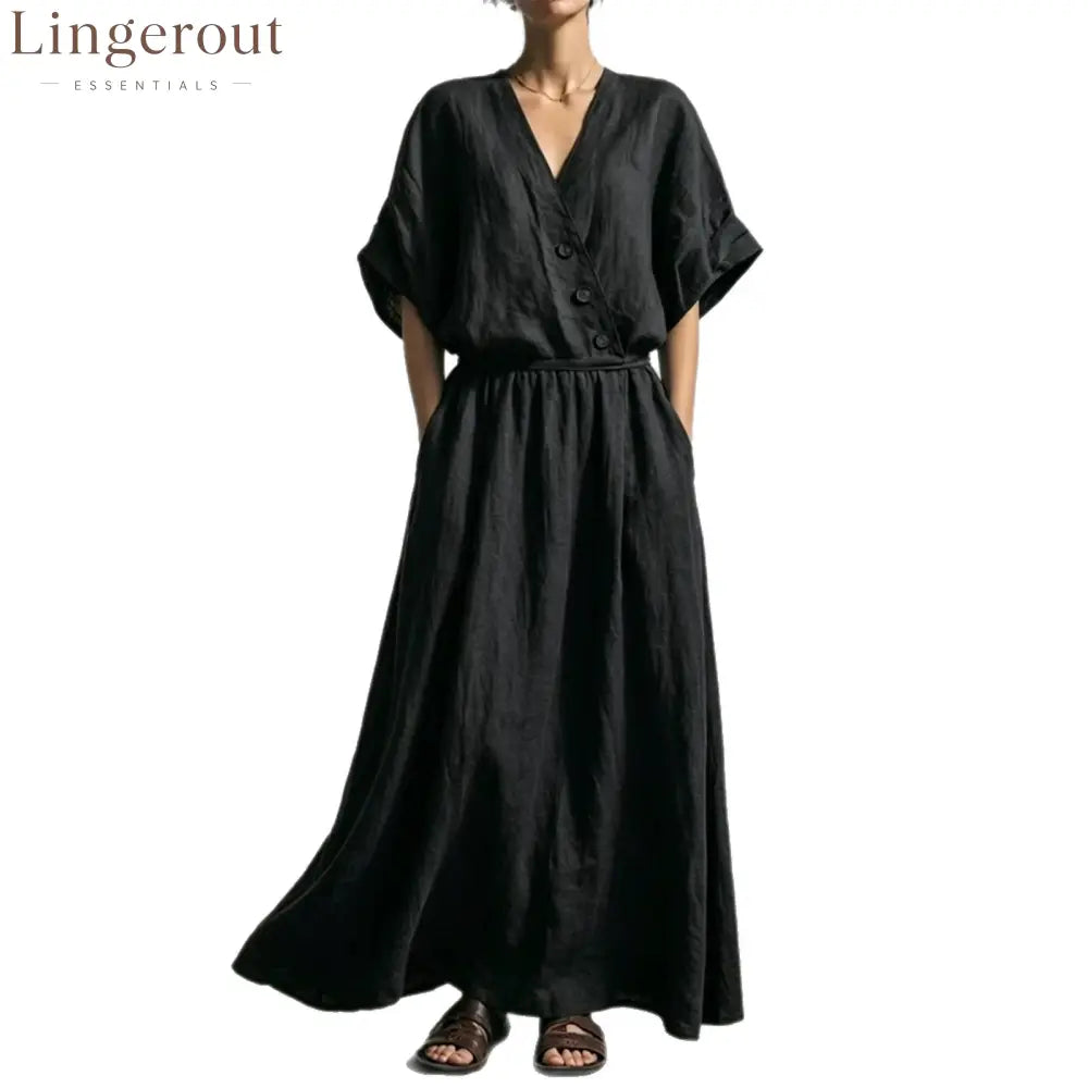 Belted Wrap Linen Blend Pocket Maxi Dress