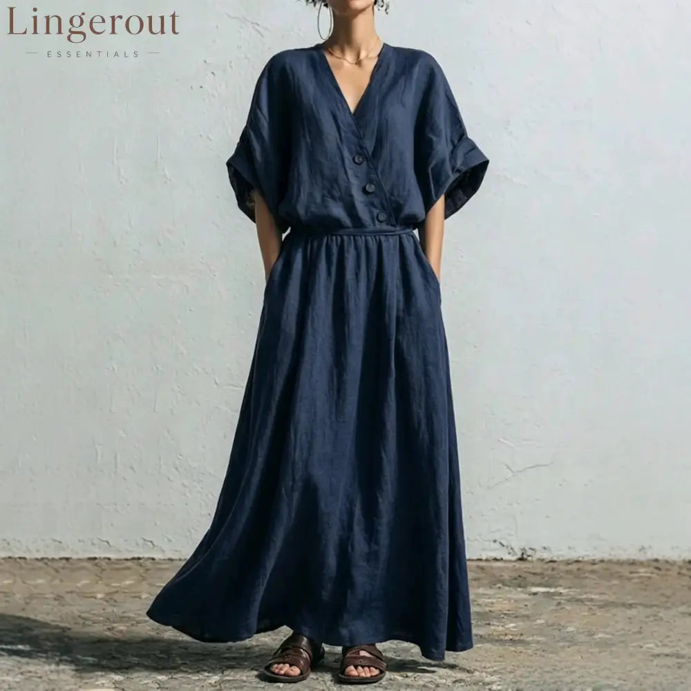Belted Wrap Linen Blend Pocket Maxi Dress