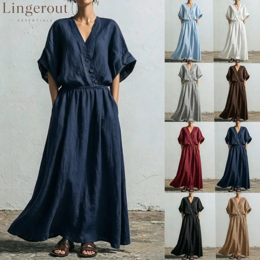 Belted Wrap Linen Blend Pocket Maxi Dress
