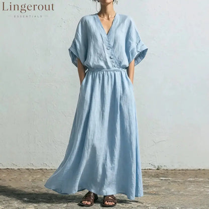 Belted Wrap Linen Blend Pocket Maxi Dress