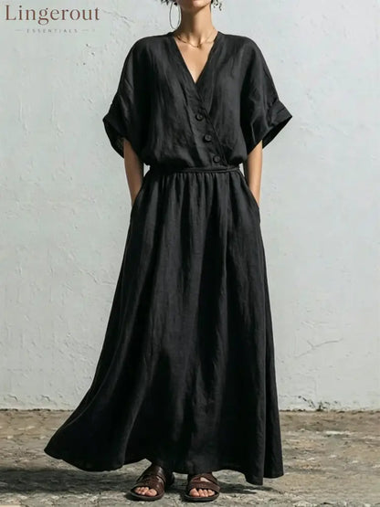 Belted Wrap Linen Blend Pocket Maxi Dress - Black / S
