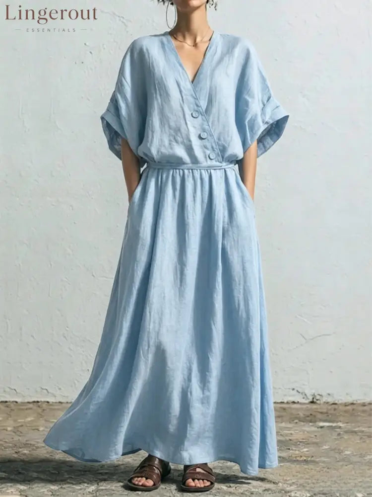Belted Wrap Linen Blend Pocket Maxi Dress - Blue / S