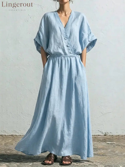 Belted Wrap Linen Blend Pocket Maxi Dress - Blue / S