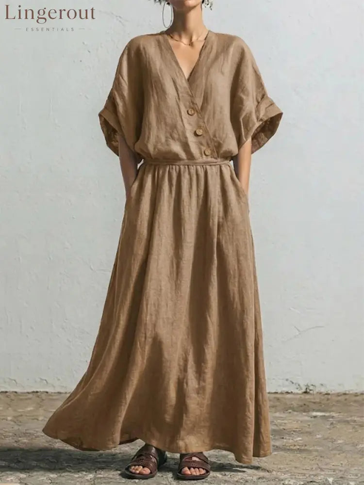 Belted Wrap Linen Blend Pocket Maxi Dress - Khaki / S