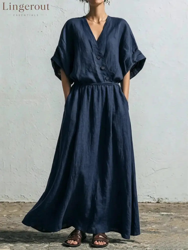 Belted Wrap Linen Blend Pocket Maxi Dress - Navy blue / S