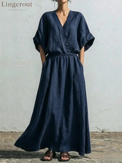 Belted Wrap Linen Blend Pocket Maxi Dress - Navy blue / S