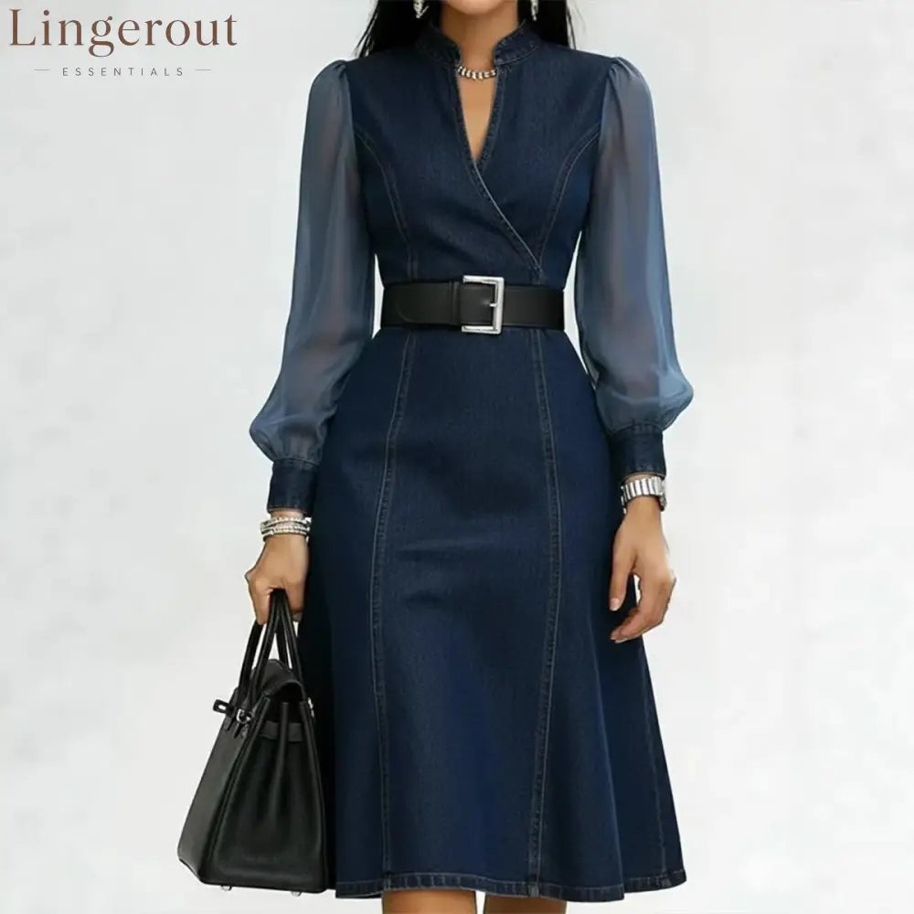 Belted Wrap V Neck Flared Hem Business Casual Dress
