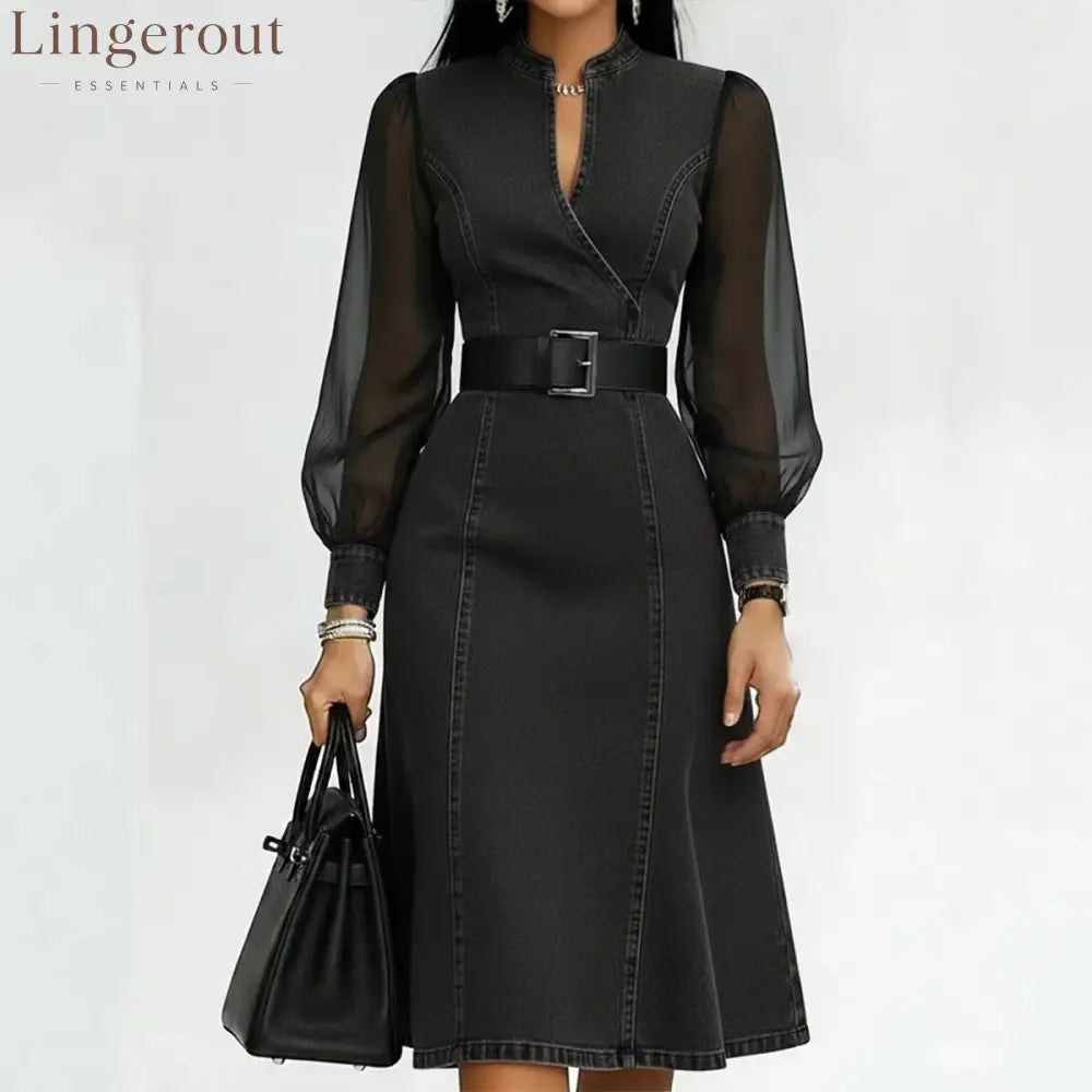 Belted Wrap V Neck Flared Hem Business Casual Dress
